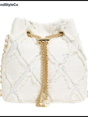 Quilted Denim Bucket Bag Drawstring Crossbody Hobo with Chain Strap